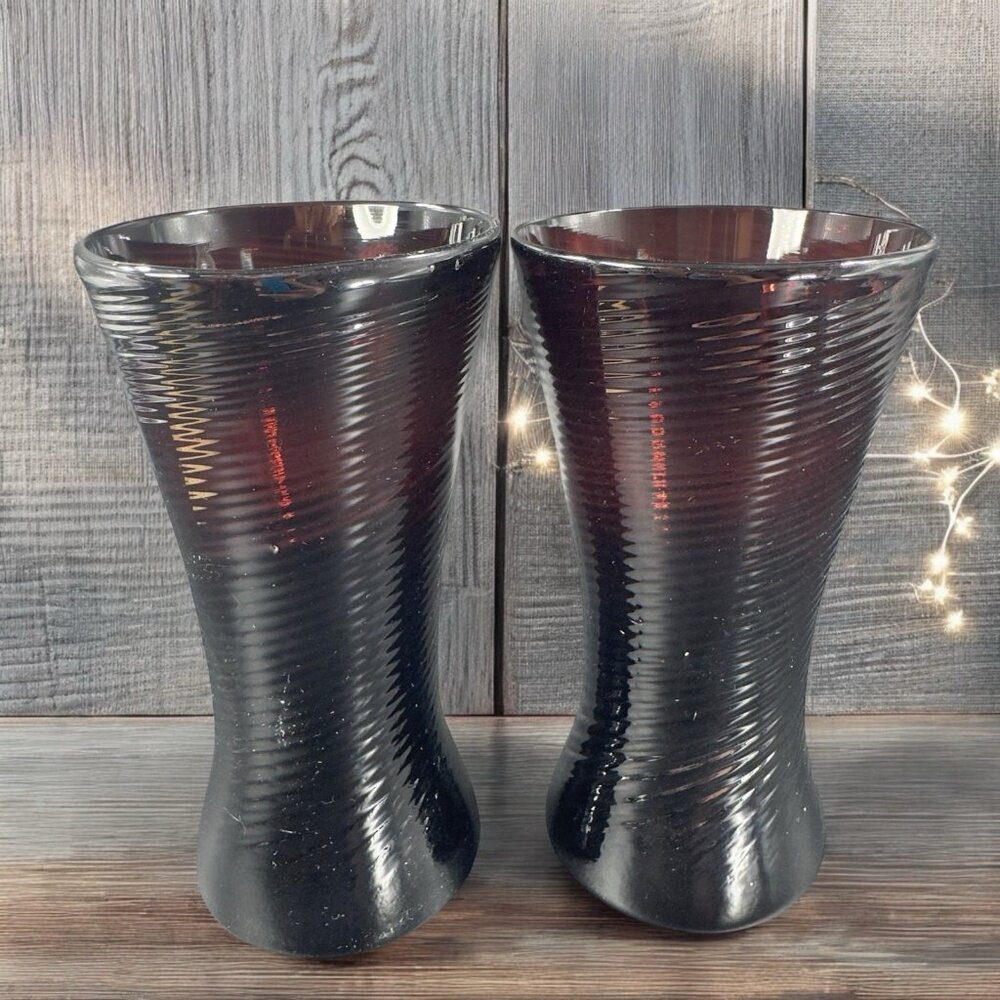 Venetian Hand Blown Art Glass Tumbler Drinking Glasses Cups Amethyst Optic Set 2